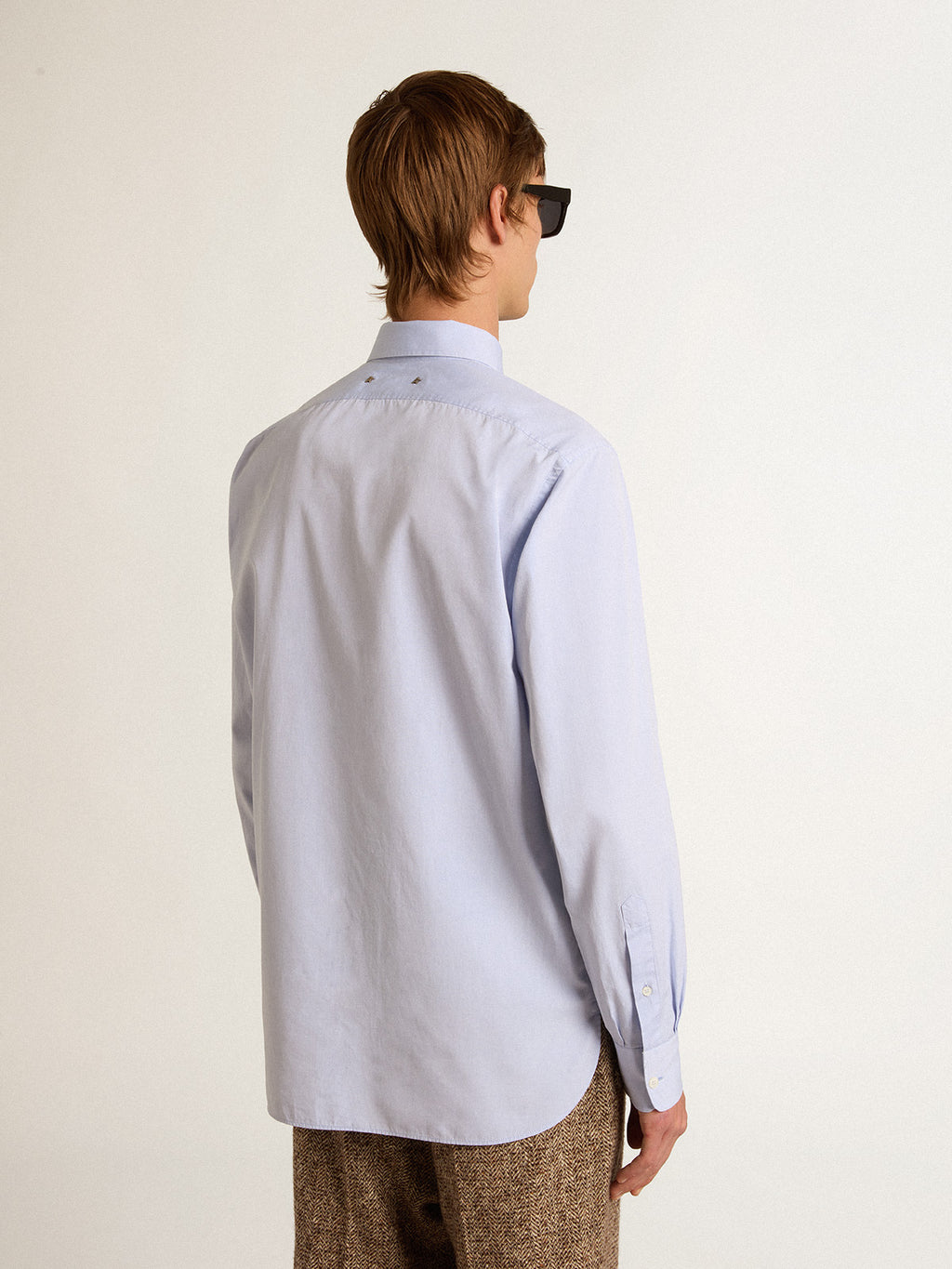 Baby-blue cotton shirt with embroidered pocket| Golden Goose