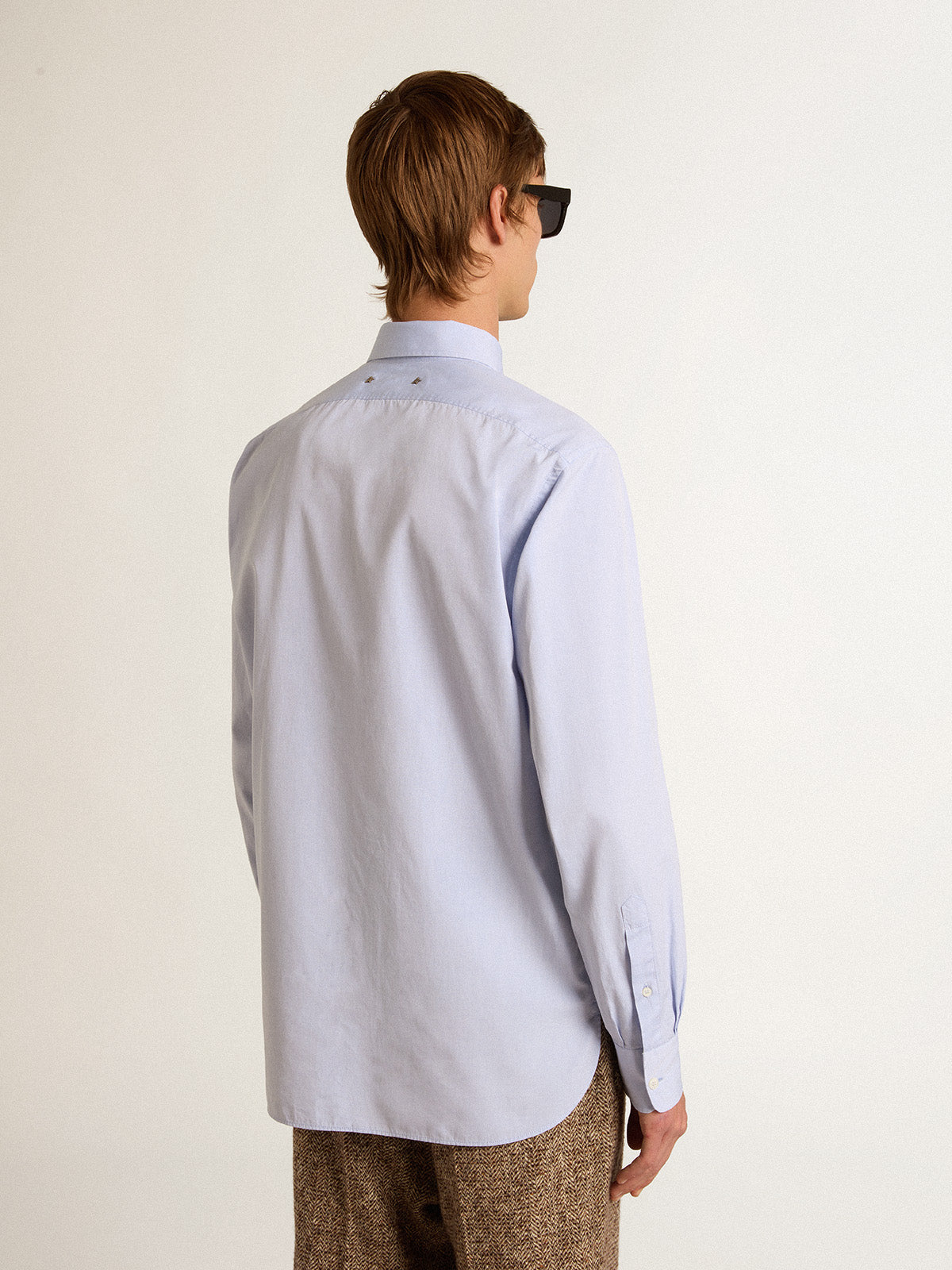 Baby-blue cotton shirt with embroidered pocket| Golden Goose