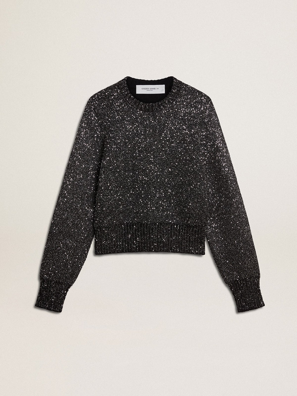 Women's black wool blend cropped sweater with all-over sequins| Golden Goose
