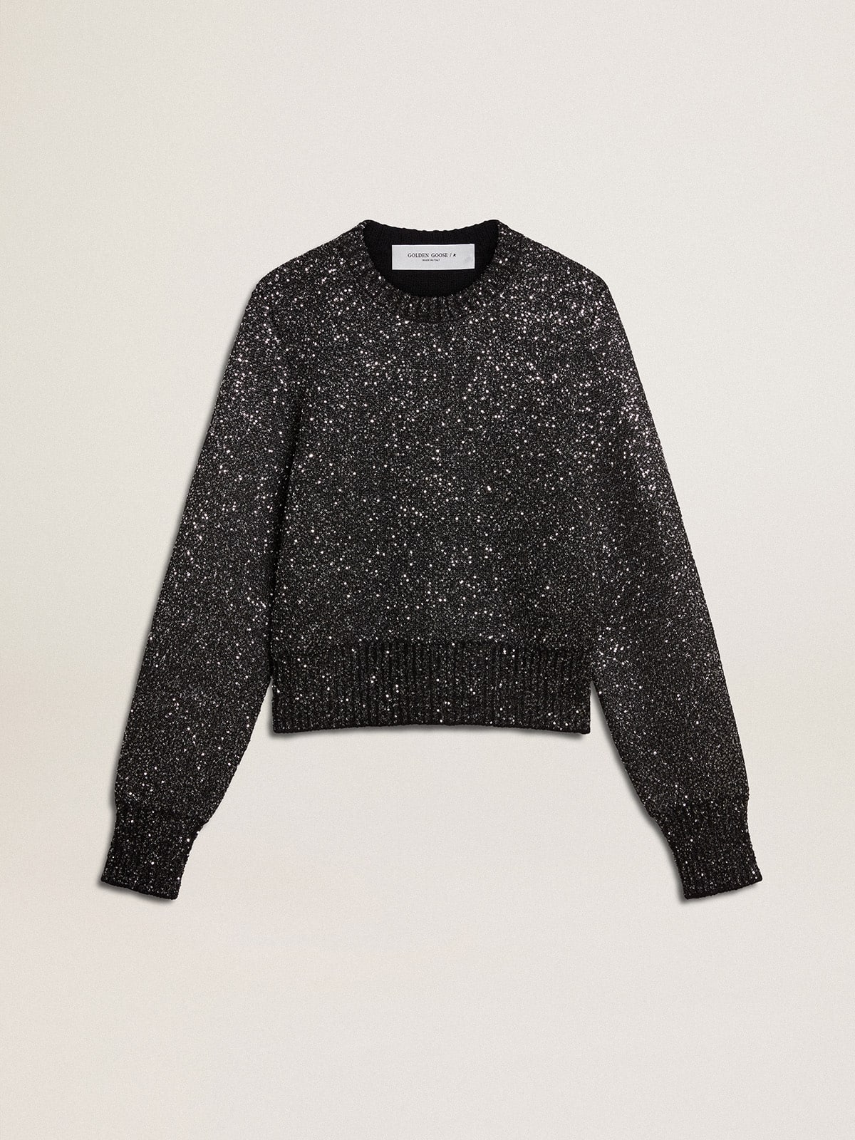 Women's black wool blend cropped sweater with all-over sequins| Golden Goose
