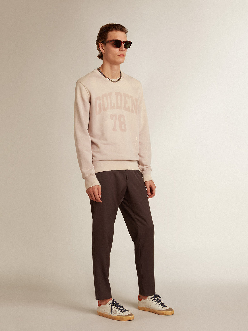 Distressed-finish pale pink sweatshirt| Golden Goose