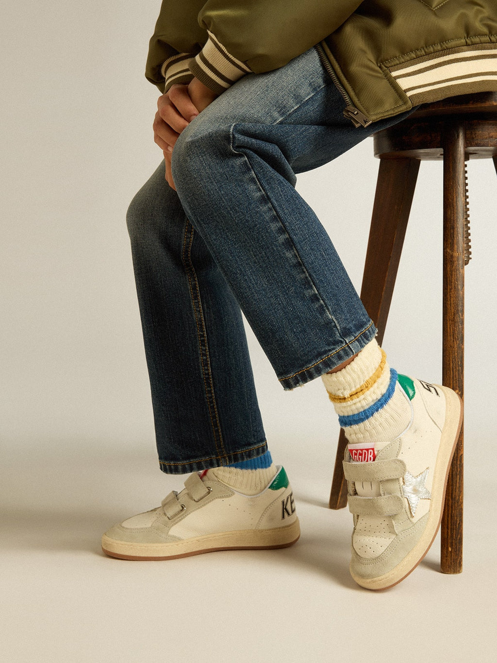 Junior Ball Star with silver star and green suede heel tab| Golden Goose