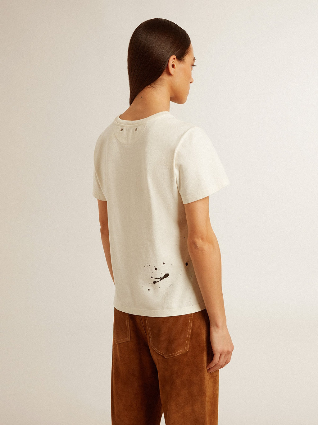 Women's aged white cotton T-shirt with print and embroidery