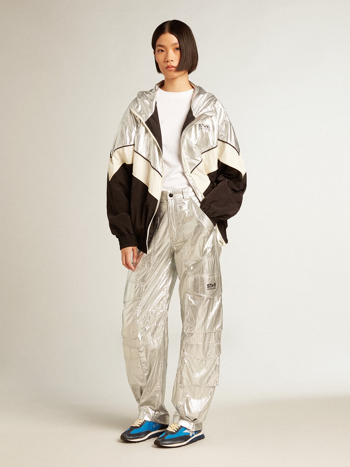 Women's windcheater in silver and black technical fabric| Golden Goose