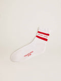 White socks with distressed details and red stripes| Golden Goose
