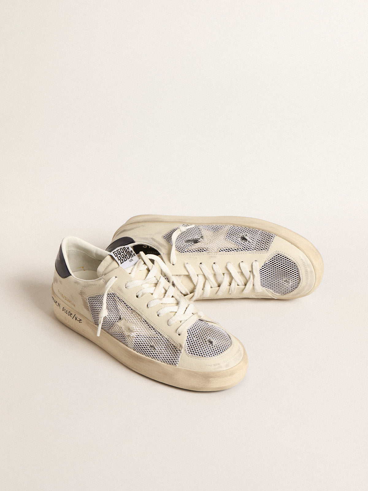 Stardan in white leather and mesh with blue metallic heel tab| Golden Goose