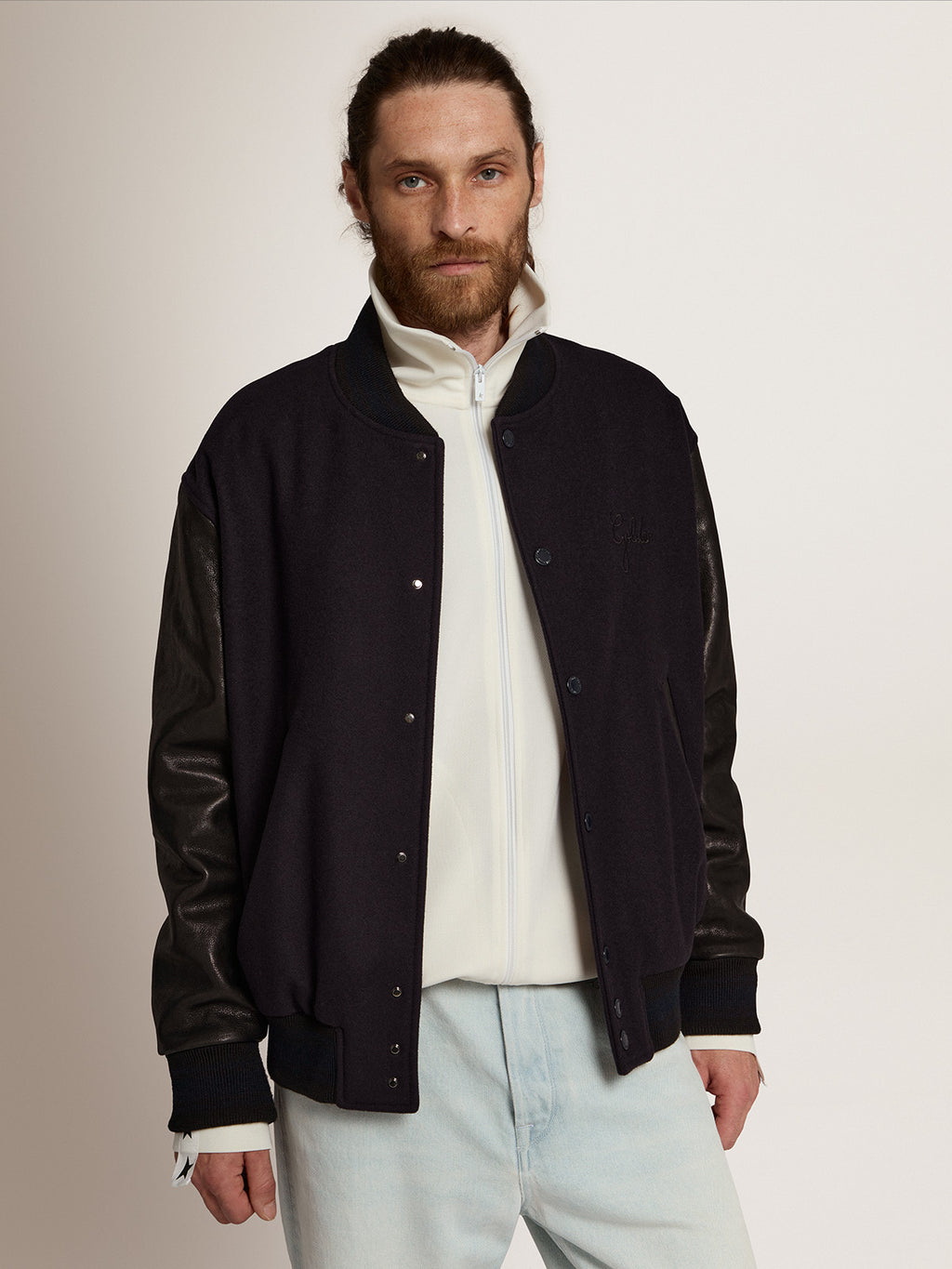 Men's bomber jacker in blue wool and black leather| Golden Goose