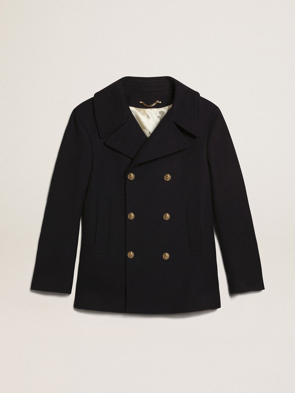 Men's double-breasted coat in dark blue wool with gold buttons| Golden Goose