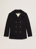 Men's double-breasted coat in dark blue wool with gold buttons| Golden Goose