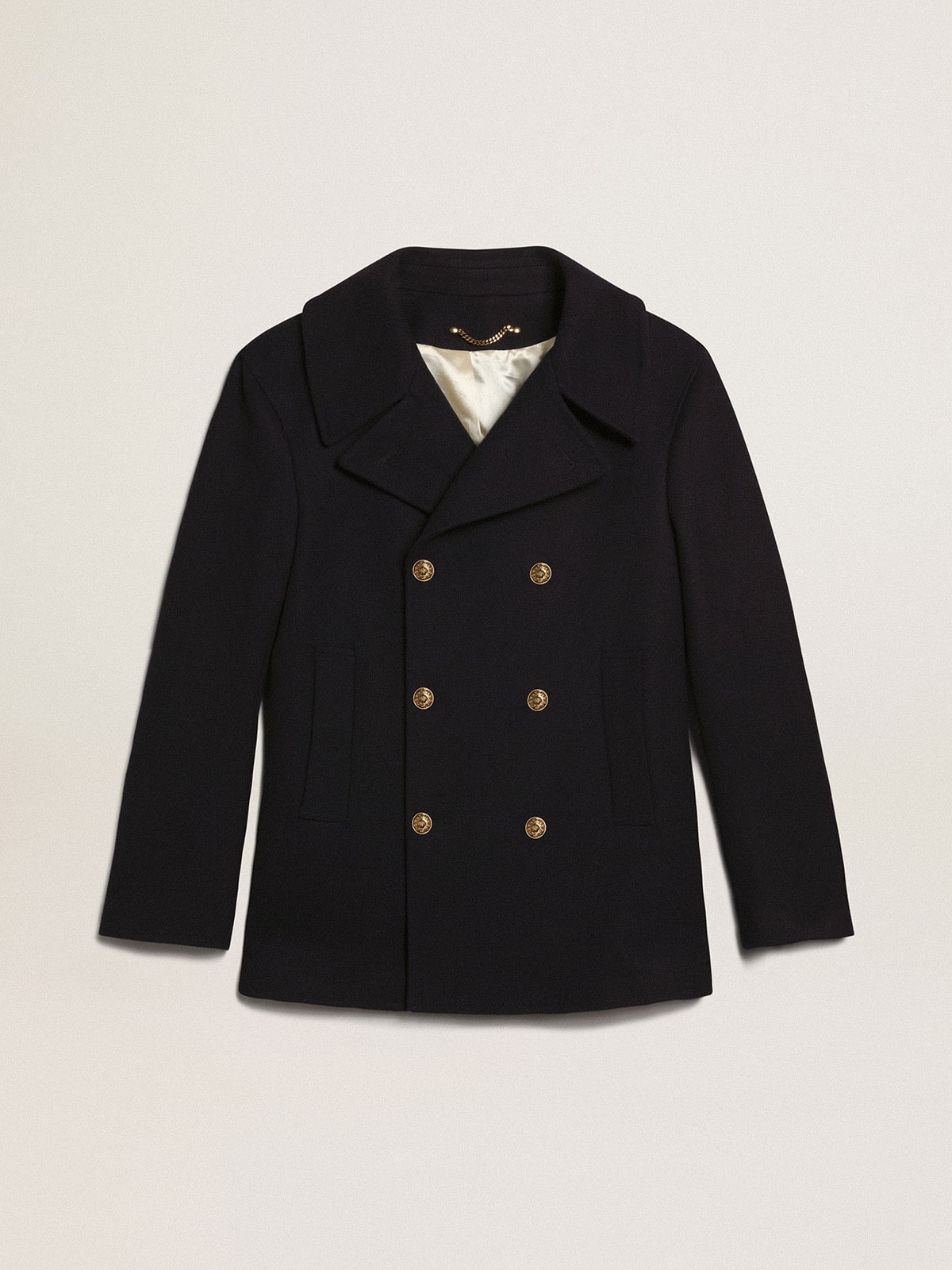 Men's double-breasted coat in dark blue wool with gold buttons| Golden Goose
