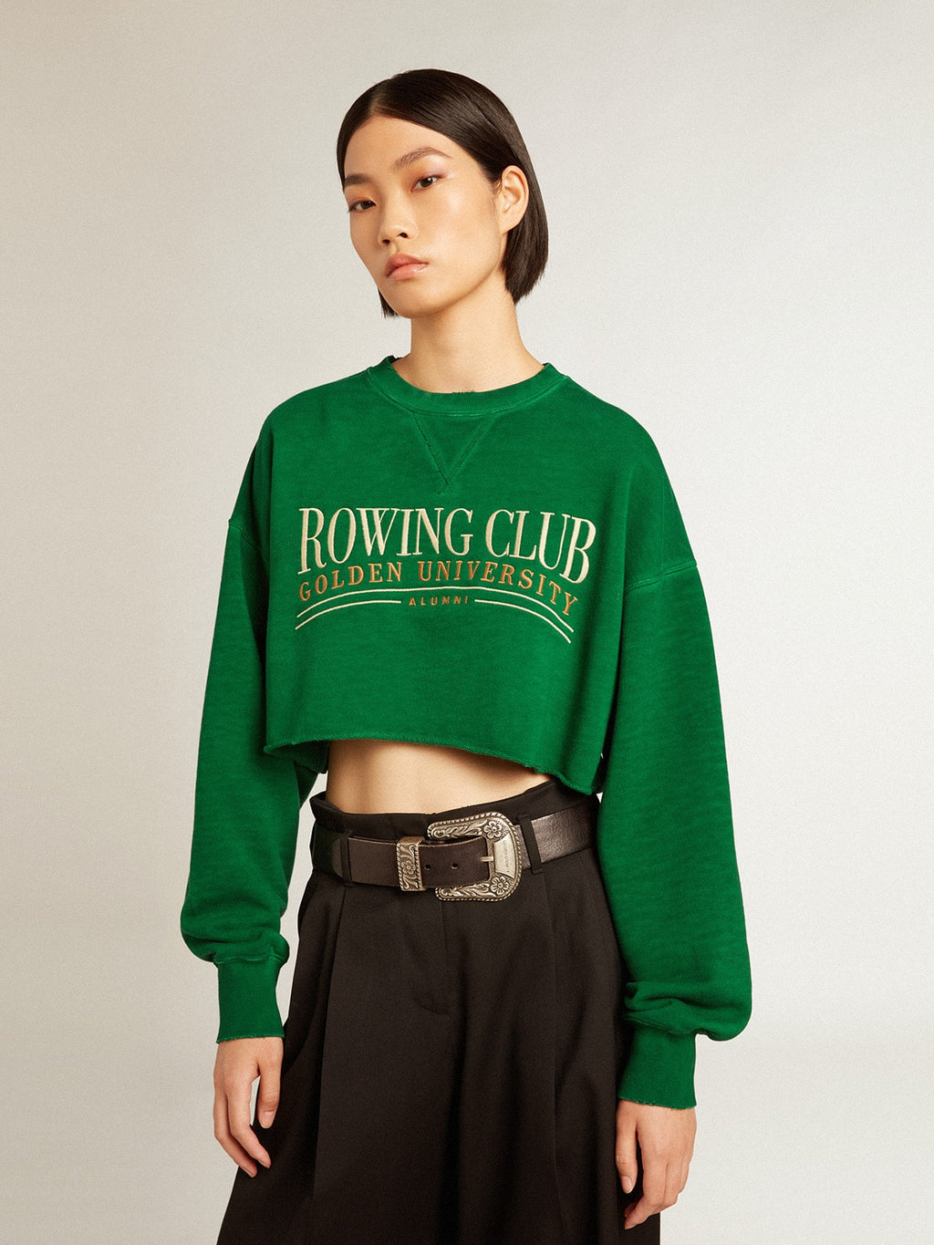 Green cropped round-neck cotton sweatshirt| Golden Goose