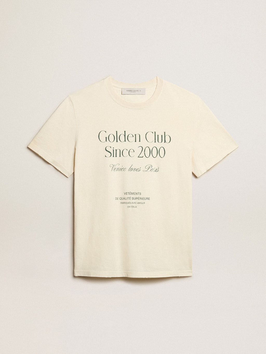 Men's cotton T-shirt in aged white with green lettering| Golden Goose