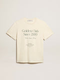 Men's cotton T-shirt in aged white with green lettering| Golden Goose