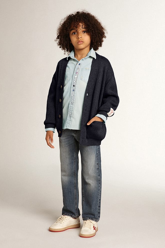 Dark blue cotton cardigan with logo on the back| Golden Goose