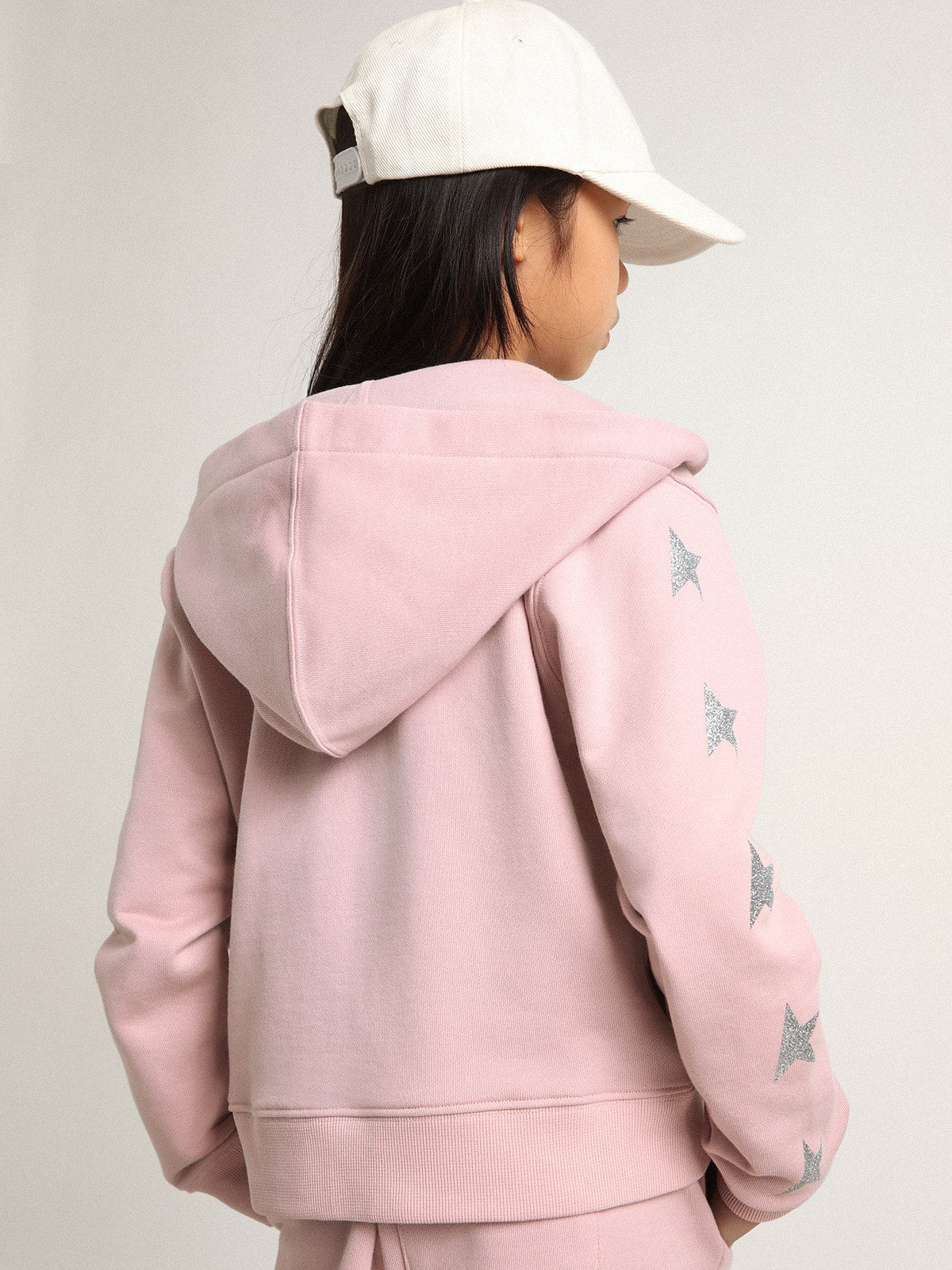 Pink sweatshirt with hood and silver glitter stars| Golden Goose
