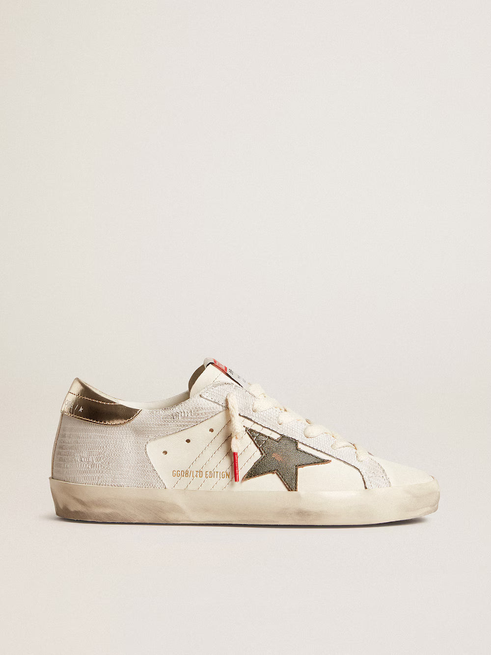 Super-Star with lizard print with green star and platinum heel tab| Golden Goose