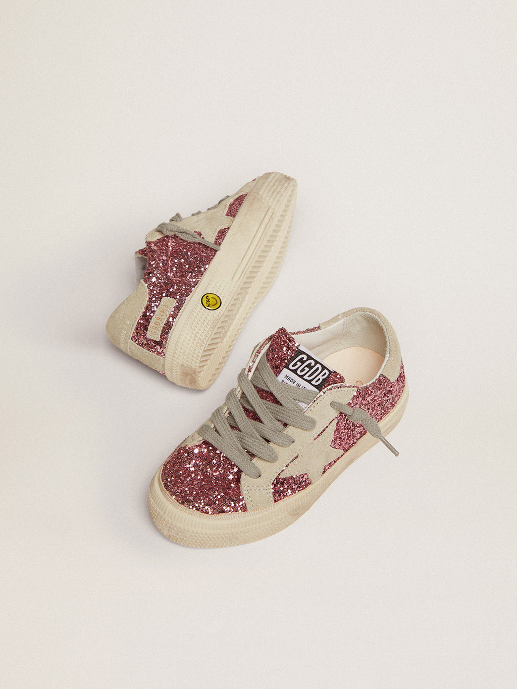 May sneakers in pink glitter with star and heel tab in ice-gray suede| Golden Goose