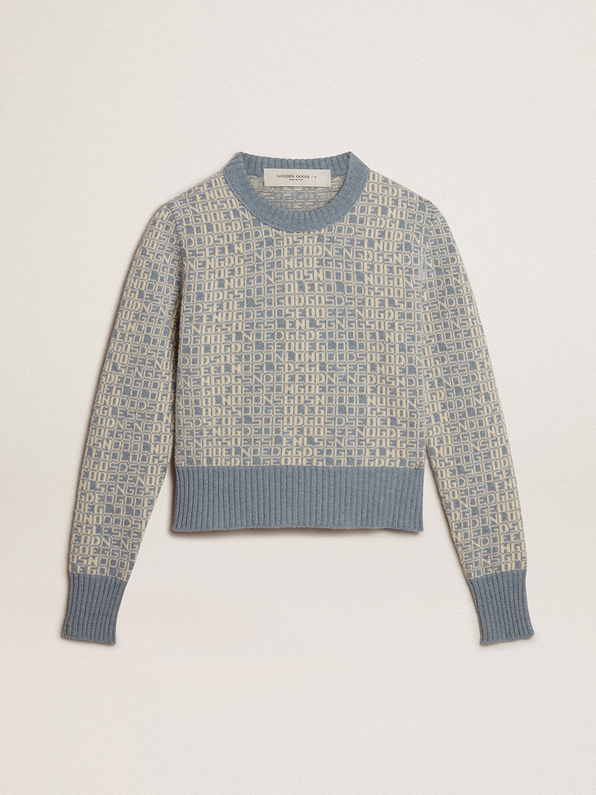 Cropped round-neck sweater with light blue jacquard lettering motif| Golden Goose