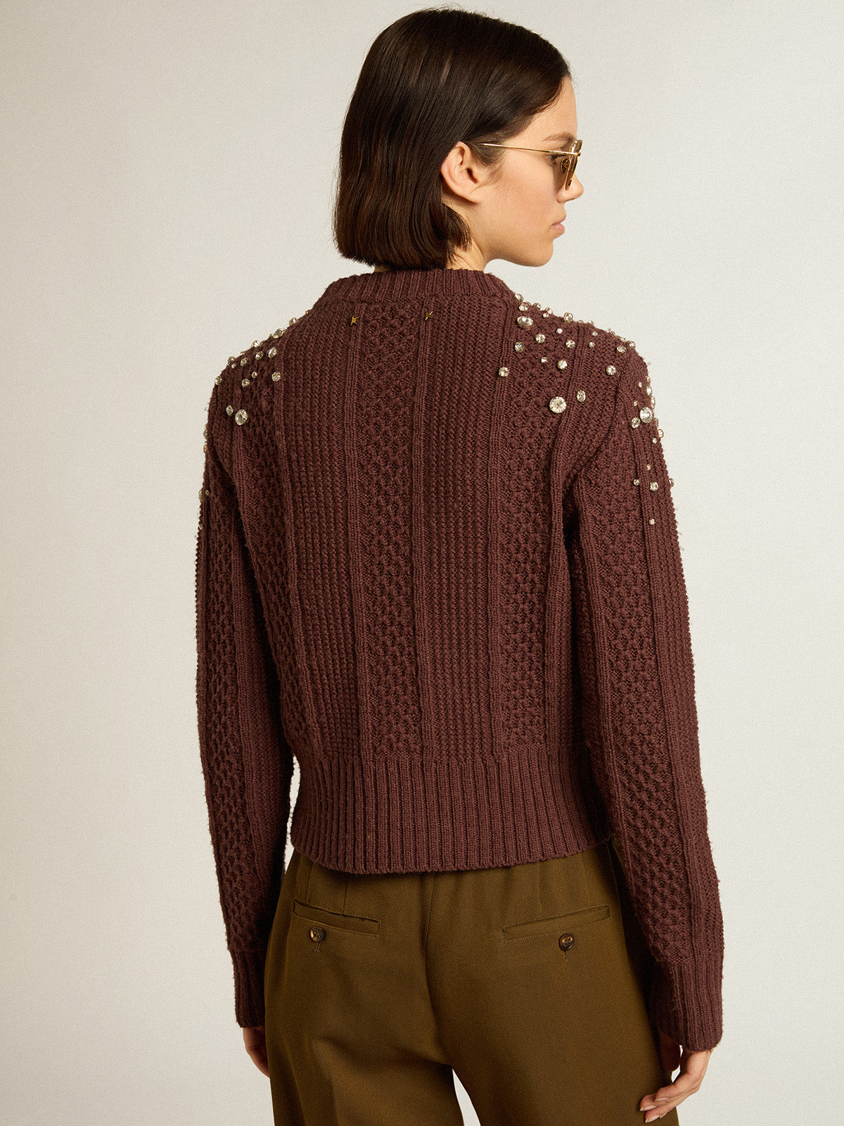 Cropped sweater in burgundy wool with crystals| Golden Goose
