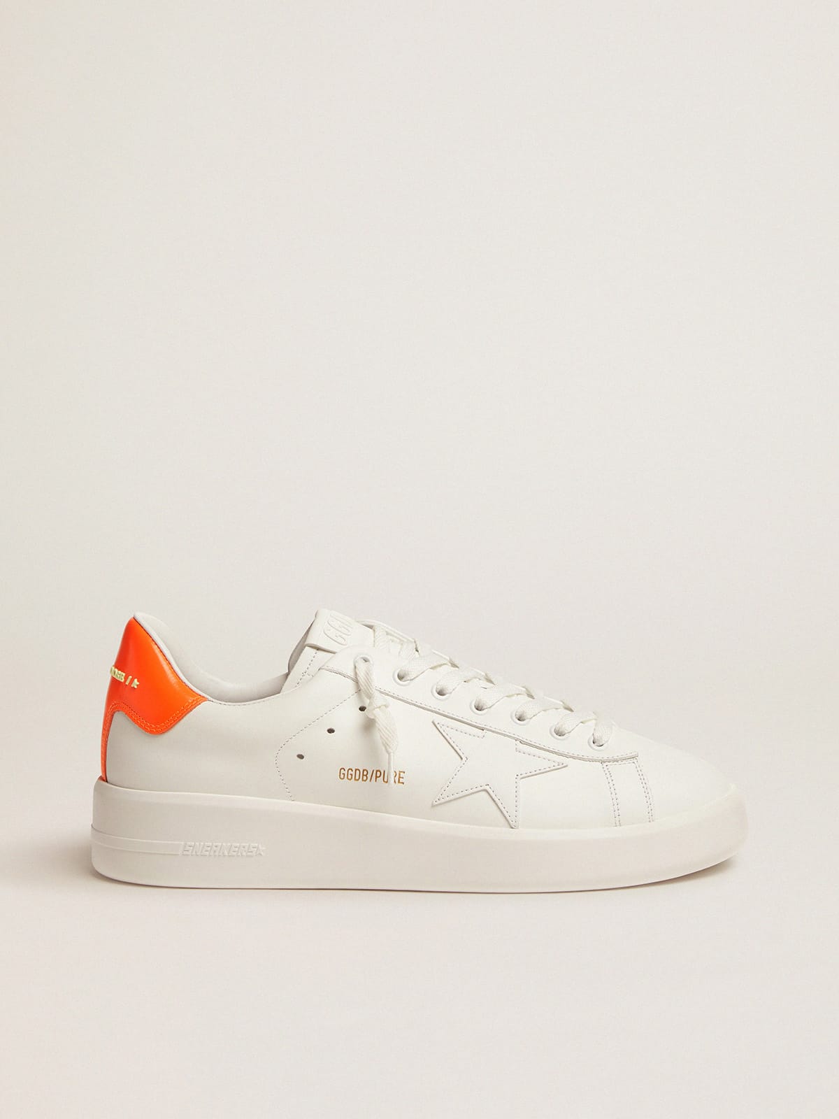 White Purestar sneakers with fluorescent orange heel tab| Golden Goose