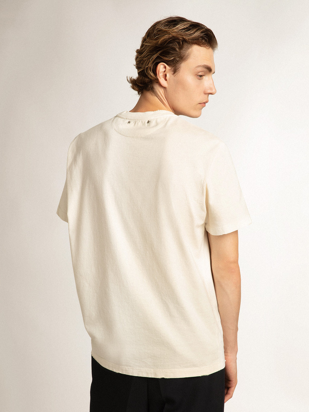 Distressed-finish white T-shirt with lettering| Golden Goose