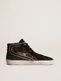 Slide in brown glitter with black leather star and flash| Golden Goose