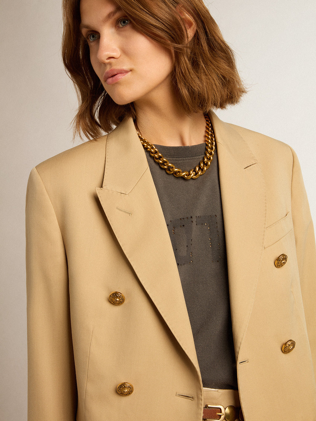 Women's double-breasted blazer in sand with gold heraldic buttons| Golden Goose