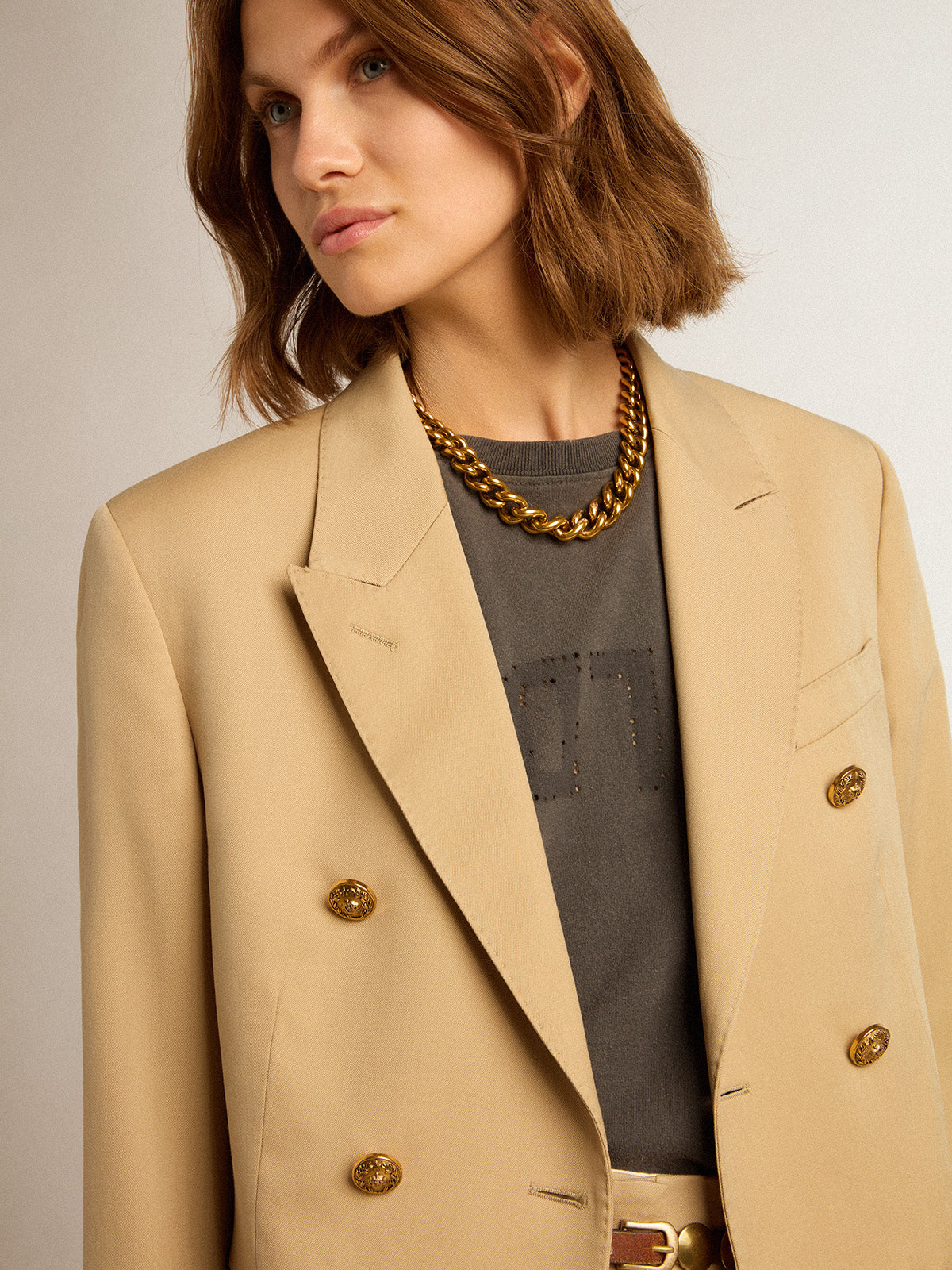 Women's double-breasted blazer in sand with gold heraldic buttons| Golden Goose
