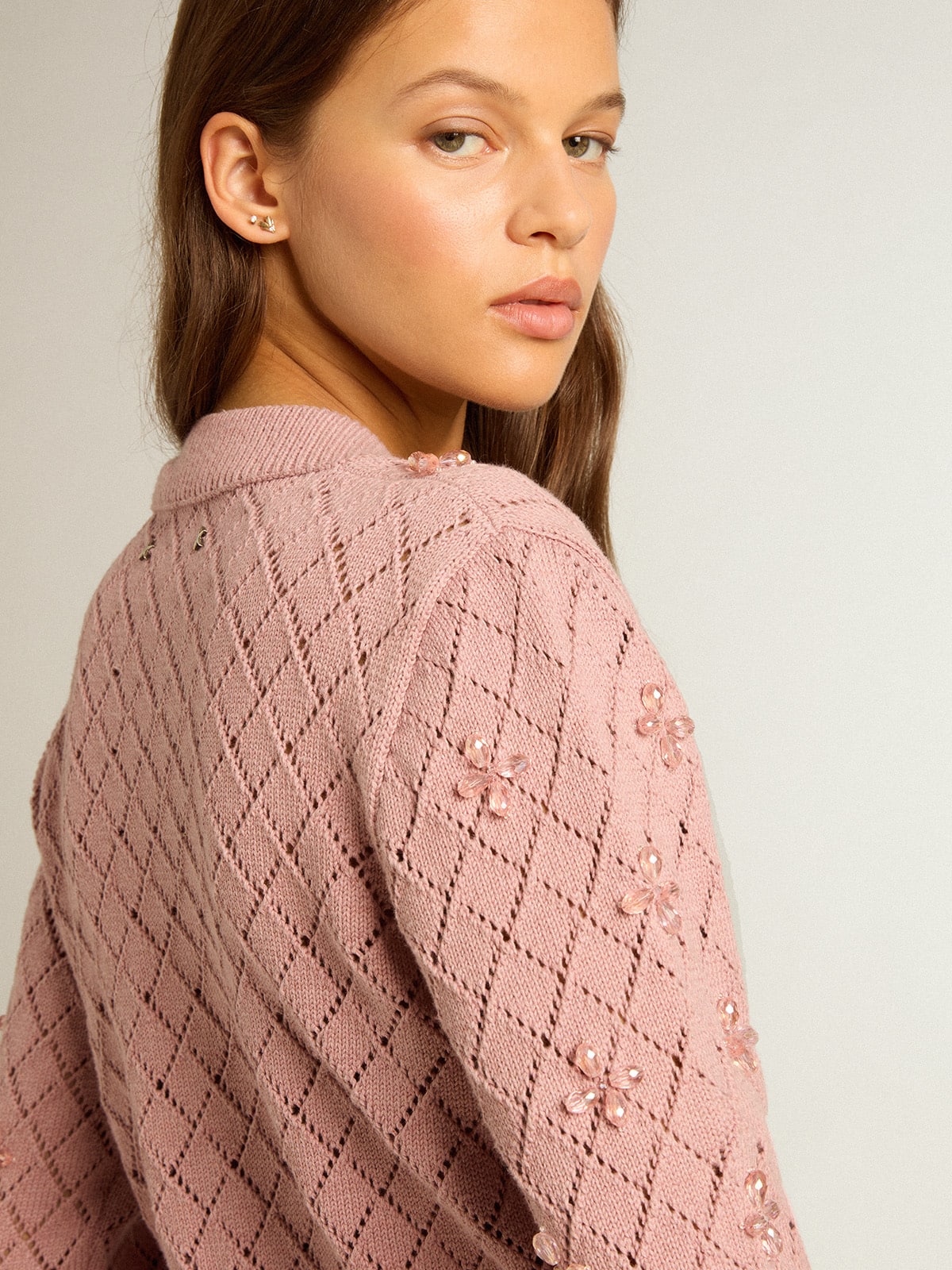 Openwork cotton cropped cardigan with decorative crystals| Golden Goose