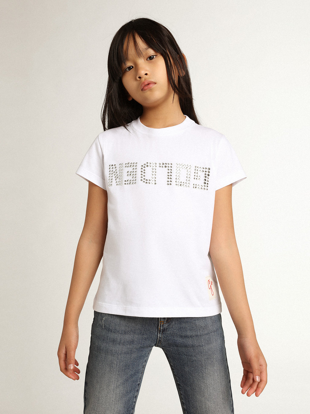 White T-shirt with central Golden lettering in crystals| Golden Goose