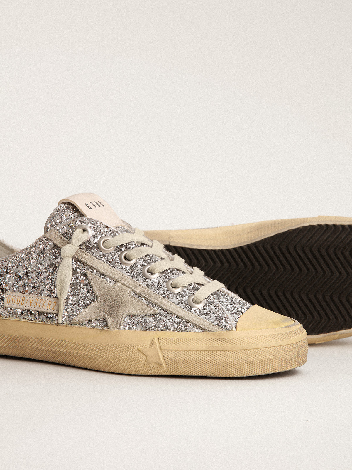 Women's V-Star LTD in silver glitter with ice-gray suede star| Golden Goose