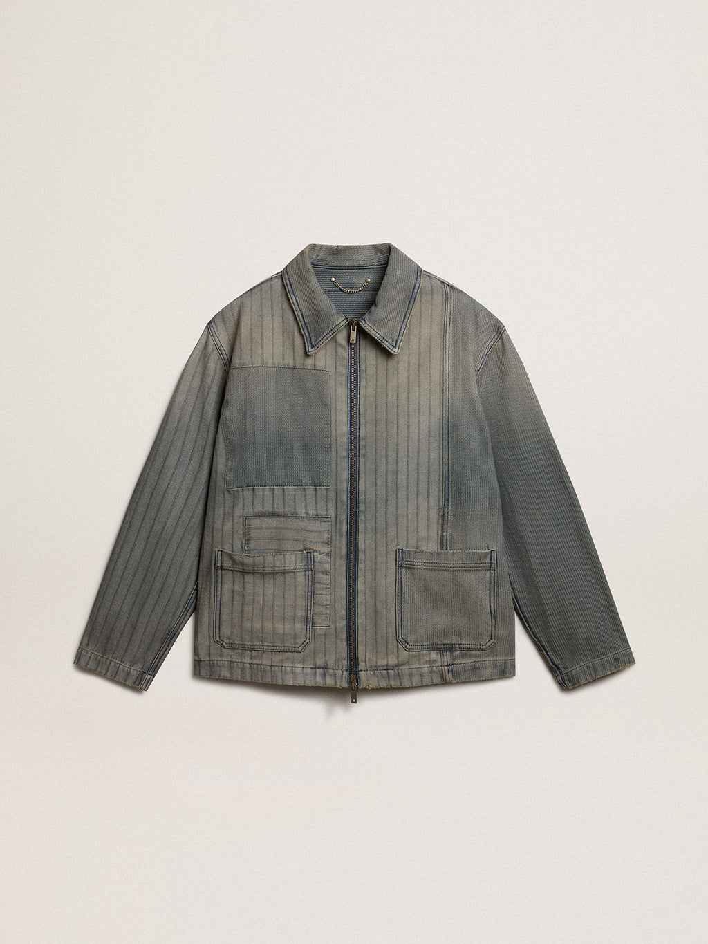 Men's denim jacket with stripes and patches on the front| Golden Goose