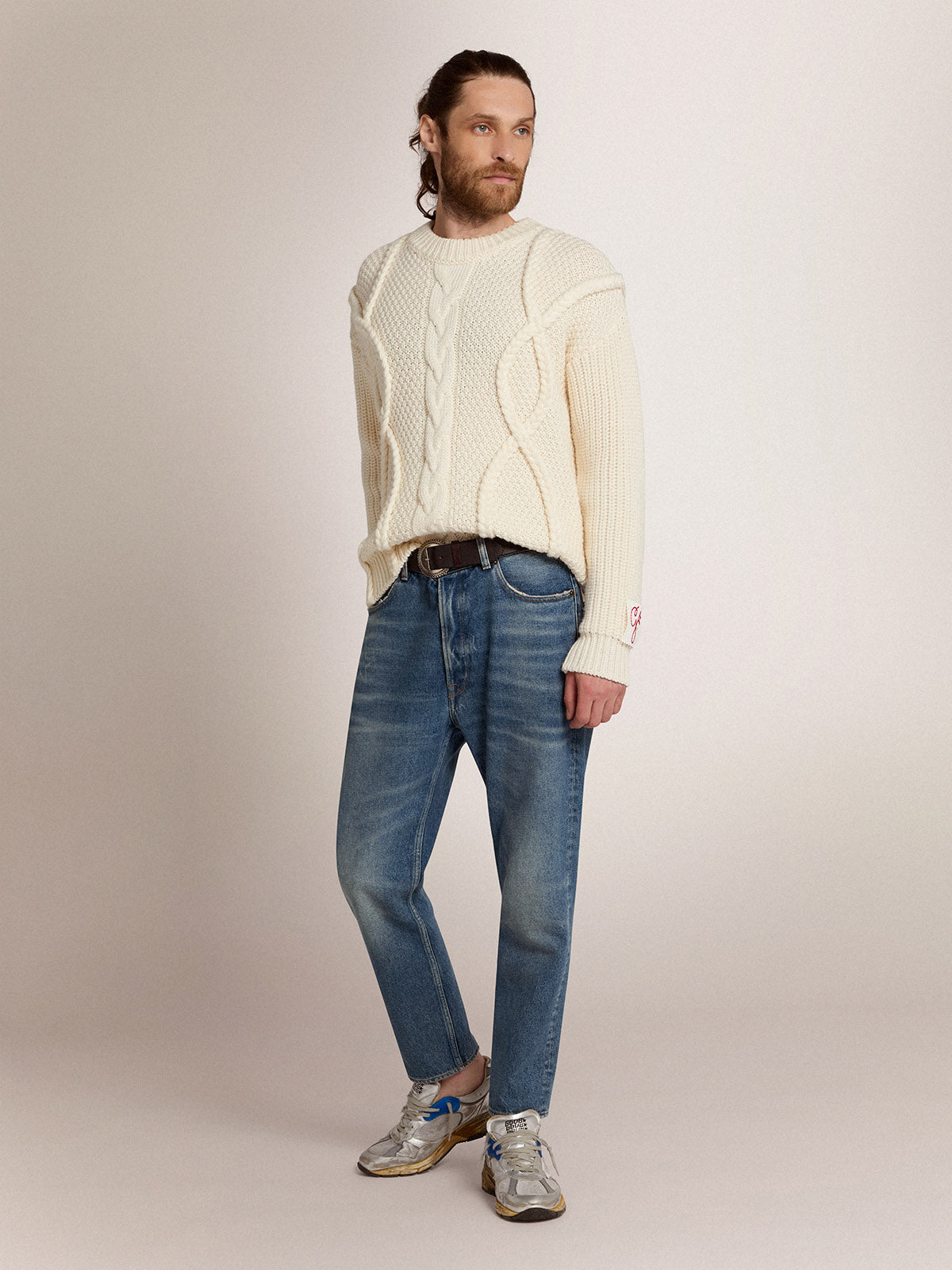 Men's crew-neck sweater in white wool| Golden Goose
