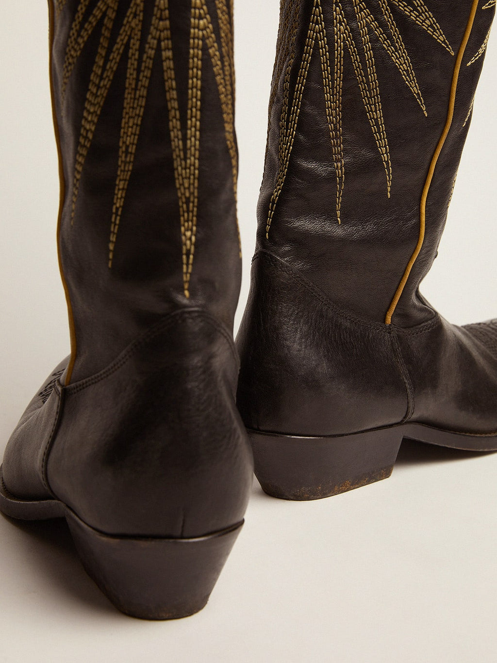 Wish Star boots in black leather with platinum laminated leather inlay star| Golden Goose