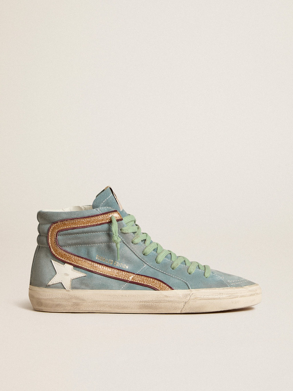 Light blue suede Slide LTD with white star and gold glitter flash| Golden Goose