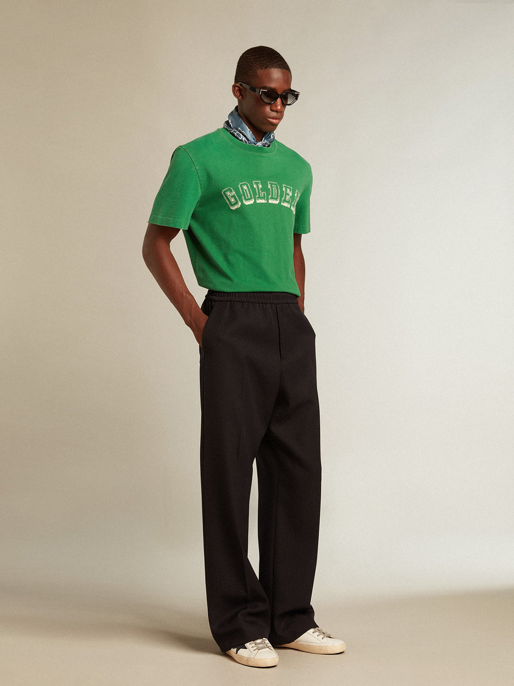 Men's green cotton T-shirt with lettering at the center| Golden Goose
