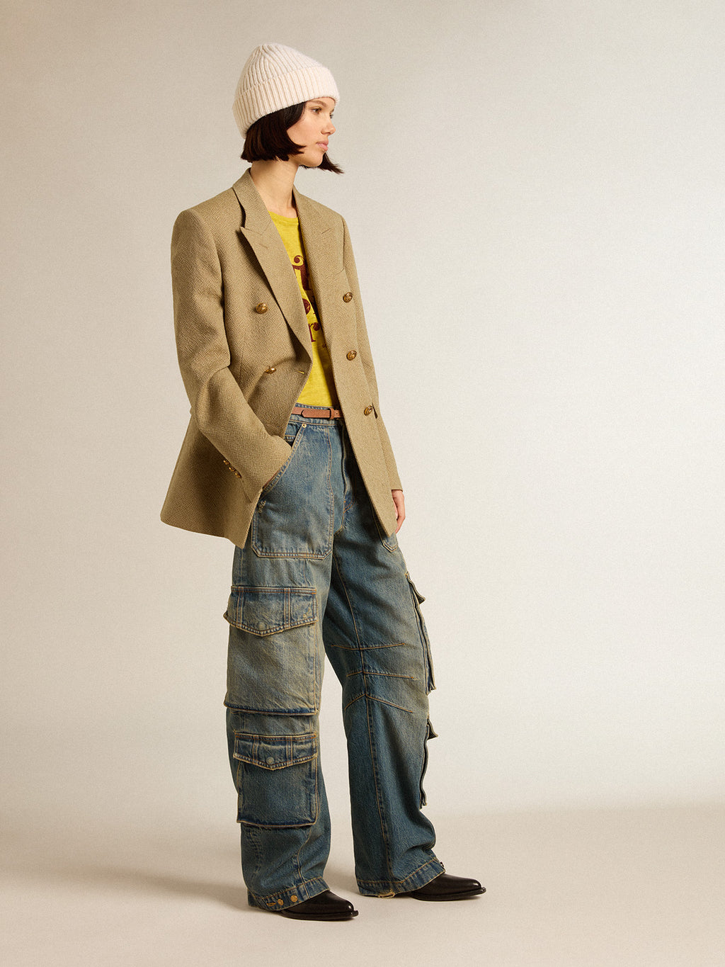 Women's pale beech-colored wool double-breasted blazer| Golden Goose