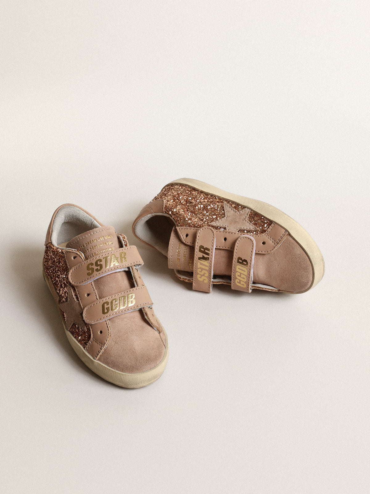 Old School Young in peach-pink glitter with pink suede star| Golden Goose