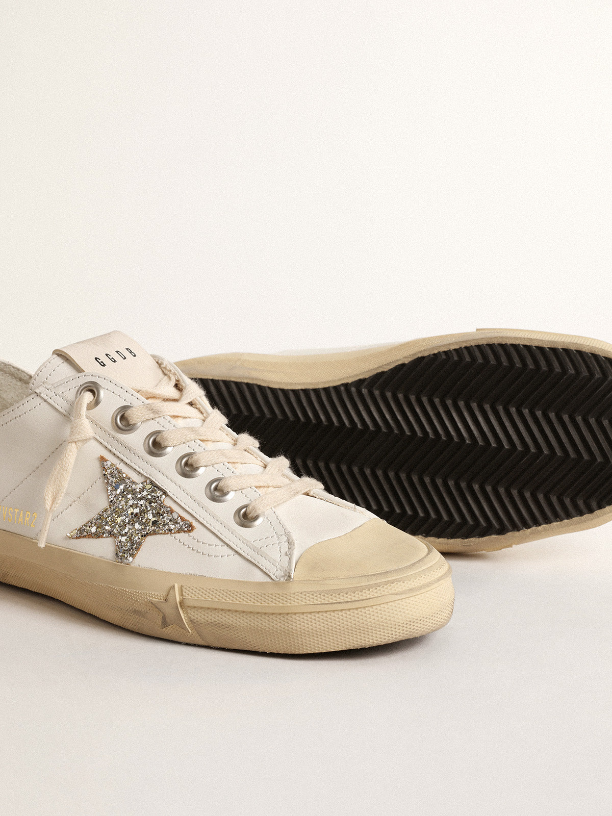 V-Star in white leather with a platinum glitter star| Golden Goose