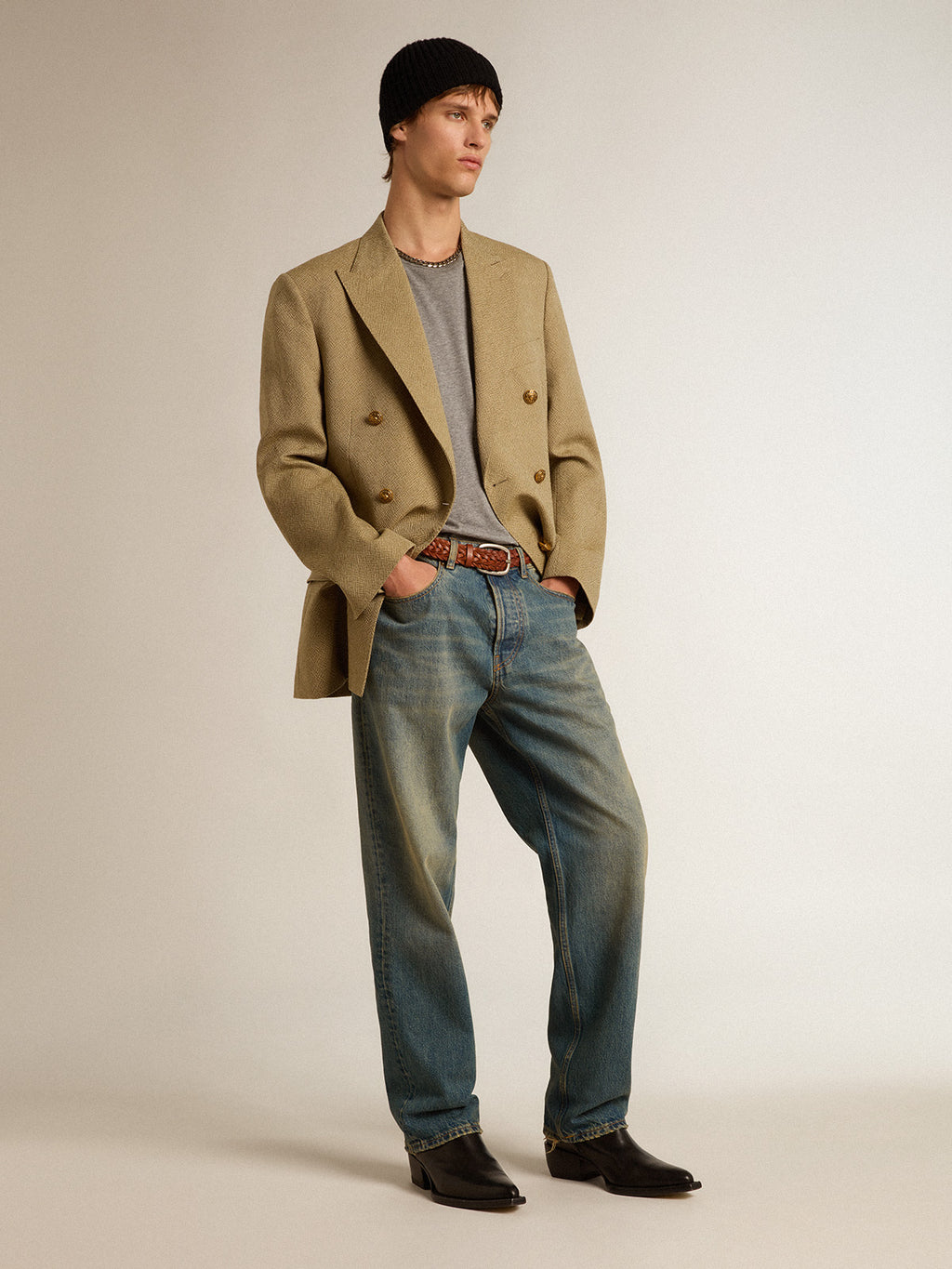 Blue jeans with a lived-in treatment| Golden Goose