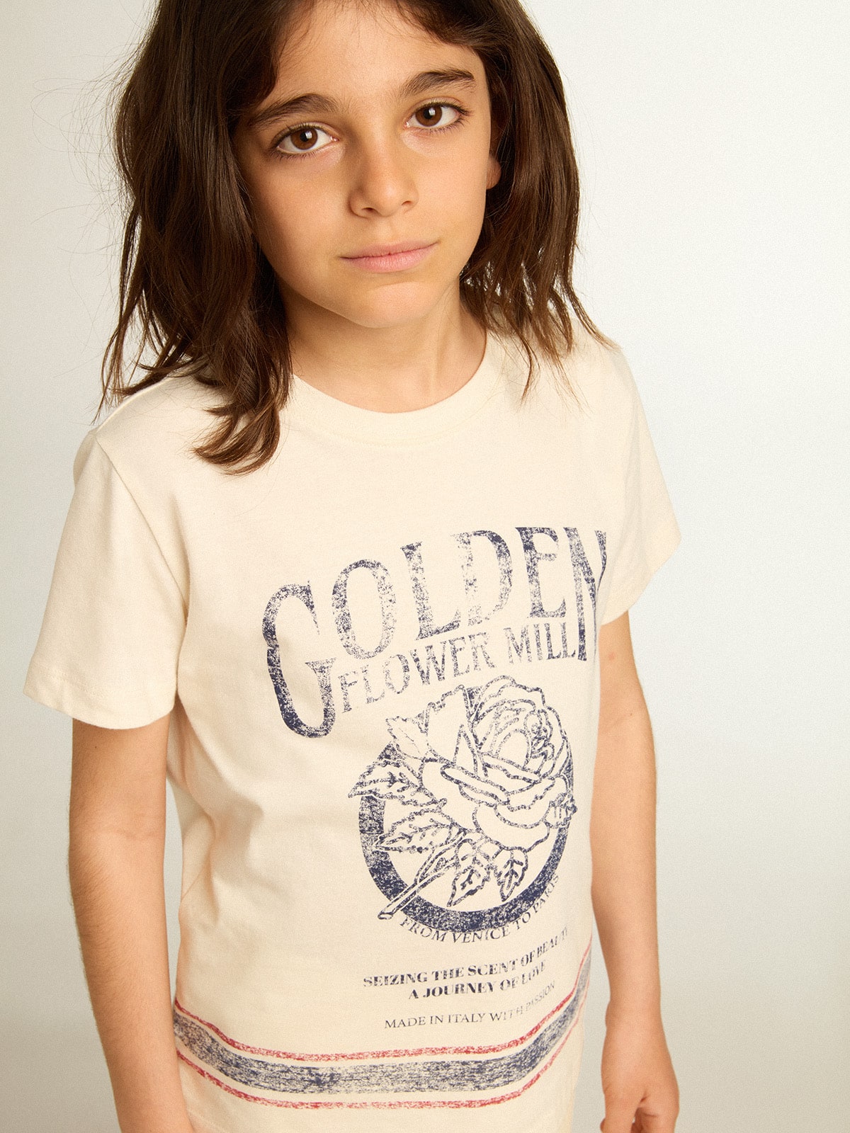 Cotton T-shirt in aged white with faded print at the center| Golden Goose