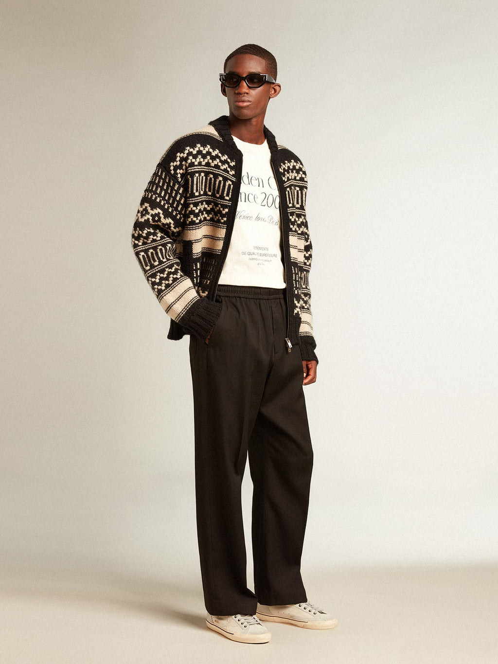 Men's cardigan in ecru wool with jacquard design| Golden Goose