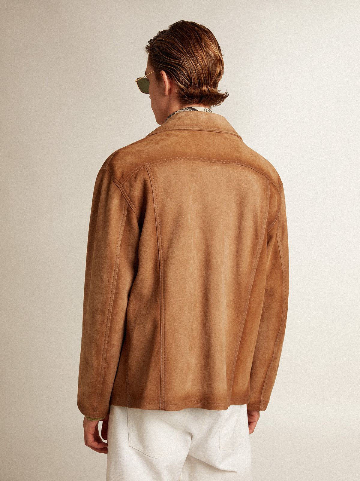 Sand-colored leather jacket with patches and zip fastening| Golden Goose