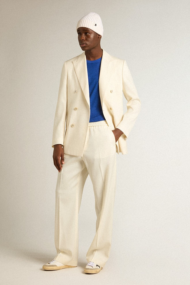 Men's cream-colored double-breasted blazer