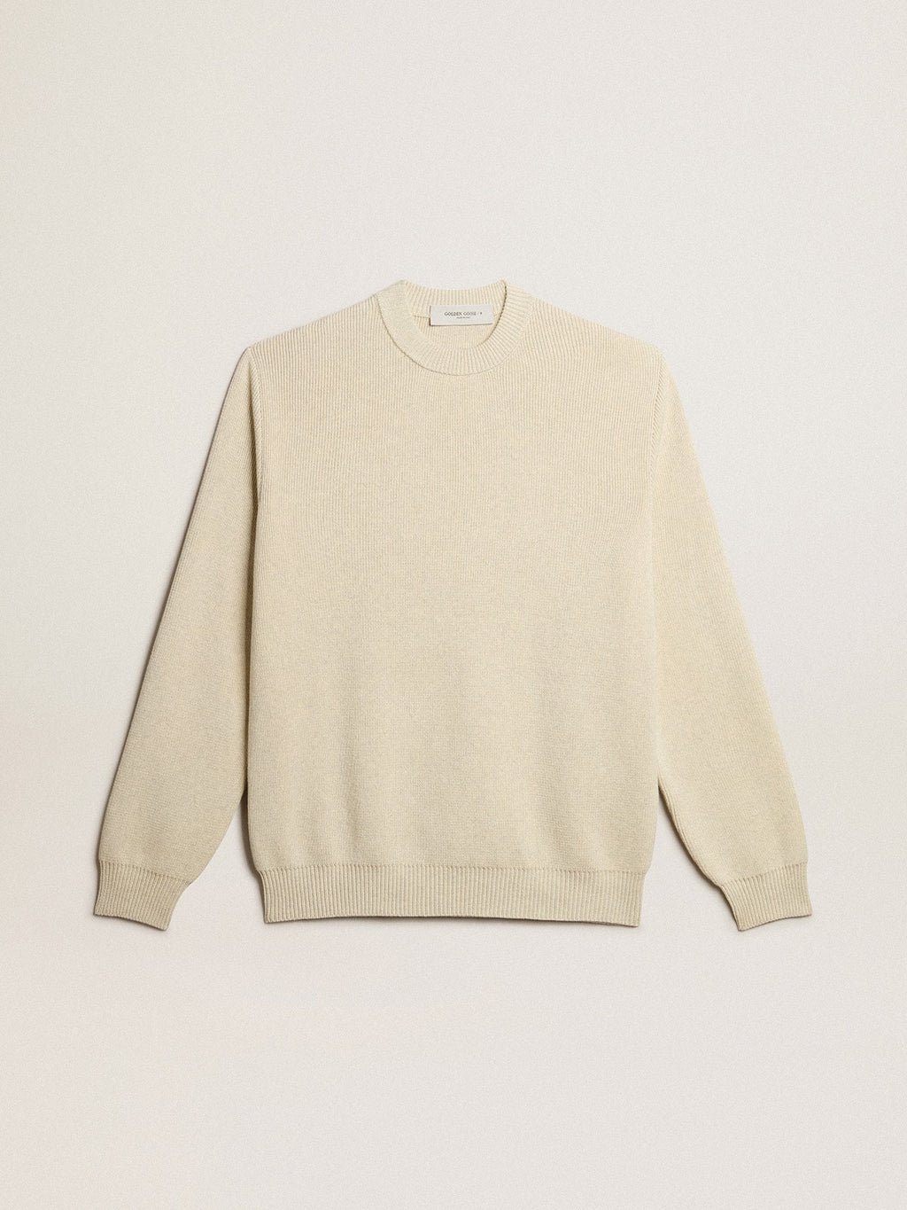 Men's round-neck sweater in panama-colored cotton with logo on the back