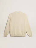 Men's round-neck sweater in panama-colored cotton with logo on the back