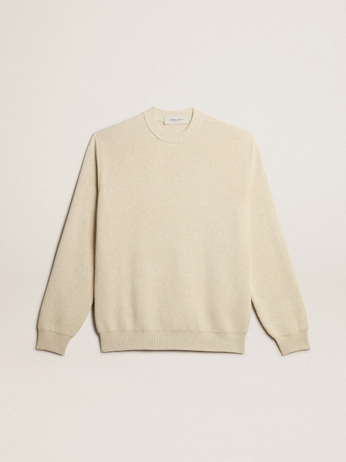 Men's round-neck sweater in panama-colored cotton with logo on the back