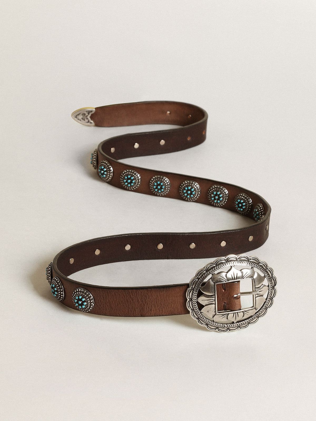 Women's belt in dark brown leather with silver studs| Golden Goose
