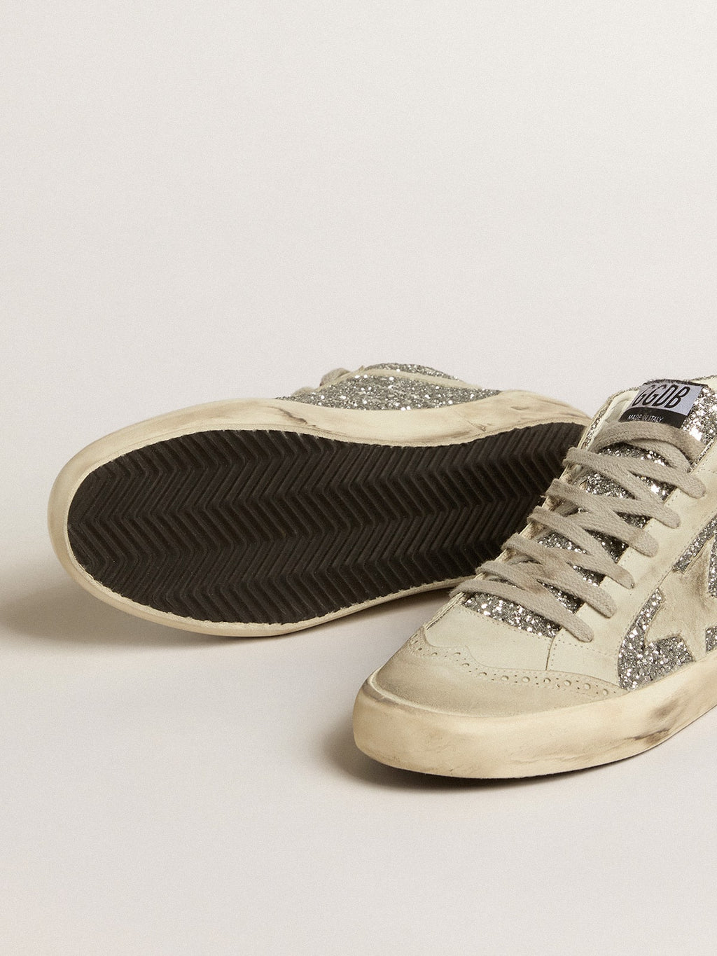 Mid Star in silver glitter with ice-gray suede star and flash| Golden Goose