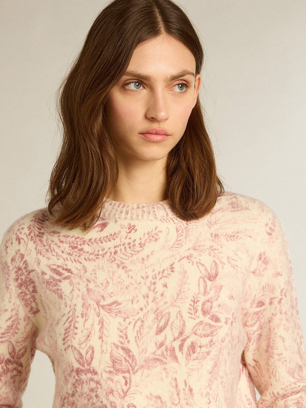 Women's round-neck sweater in wool with all-over toile de jouy pattern| Golden Goose